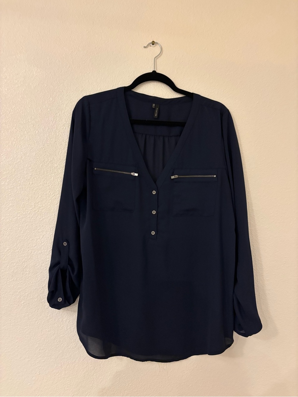 Maurices Navy V-Neck Button Front Blouse with Zip Chest Pockets